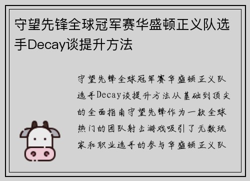 守望先锋全球冠军赛华盛顿正义队选手Decay谈提升方法