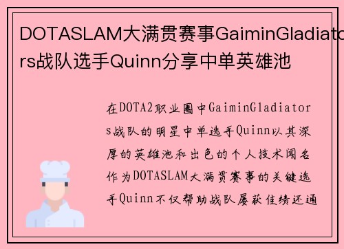 DOTASLAM大满贯赛事GaiminGladiators战队选手Quinn分享中单英雄池